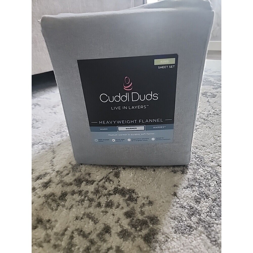 Cuddl Duds Heavyweight Flannel KING 100% Brushed Cotton Sheet Set Grey Heather